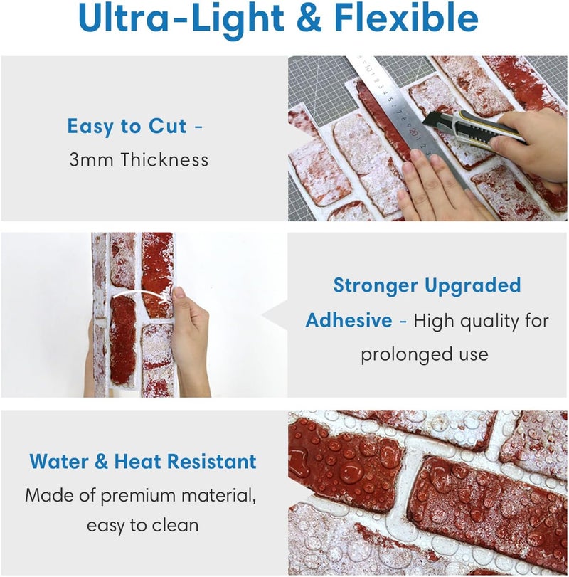 COMSTICKC 3D Red Brick Wall Panels, Faux Brick Peel and Stick Wall Panels,10 Pcs of 12"X12",Small Size Thin PVC Whitewash Red Brick Self Adhesive Fake Brick Backsplash Interior Decor - Image 5